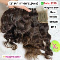 [EASTER SALE] 12"14"14" and 16" 4x4 closure Wavy brown color double drawn raw hair (B13)
