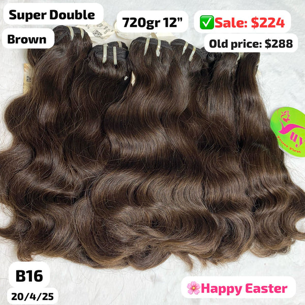 [EASTER SALE] 720g 12" Wavy brown color super double drawn raw hair (B16)