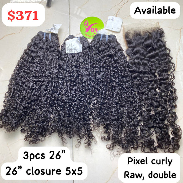 3 pcs 26" + 26" Closure 5x5 Pixel Curly Raw Double