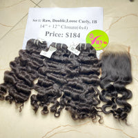 3pcs 14" + 12" Closure 4x4 Raw Doube Loose Curly 1B