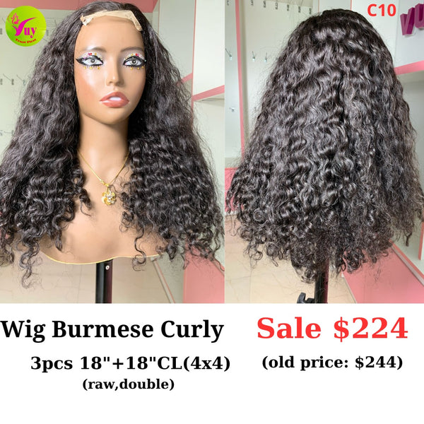 [EASTER SALE] 18" 4x4 closure wig Burmese curly (made from 3pcs 18" and 18" 4x4 closure double drawn raw hair) (C10)