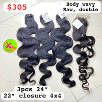 3pcs 24" + 22" Closure 4x4 Body Wavy Raw Double