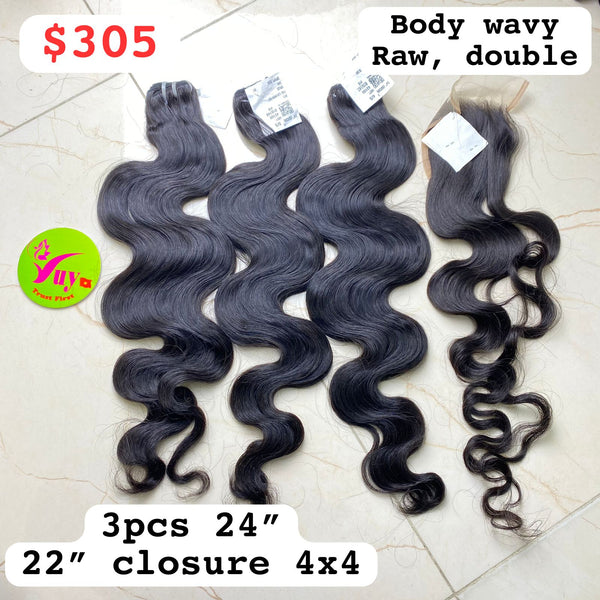 3pcs 24" + 22" Closure 4x4 Body Wavy Raw Double