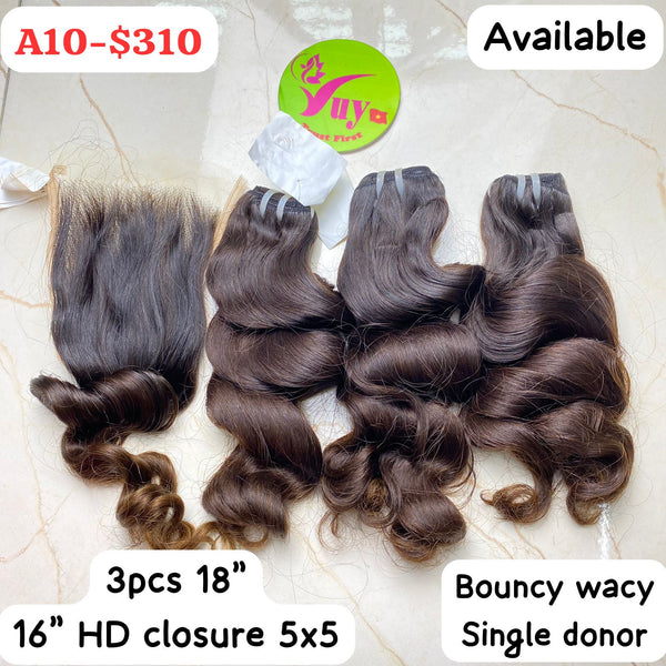 3pcs 18" + 16" HD Closure 5x5 Bouncy Wavy Single Donor