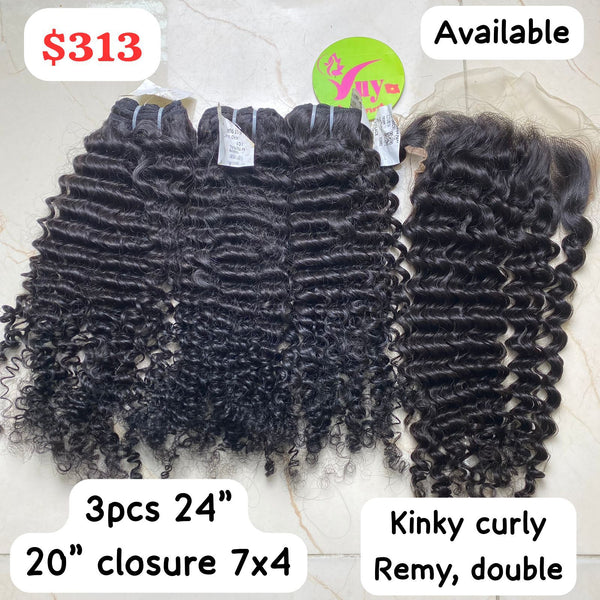 3pcs 24" + 20" Closure 7x4 Kinky Curly Remy Double