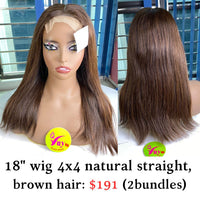 18" Wig 4x4 Natural Straight  Brown Hair