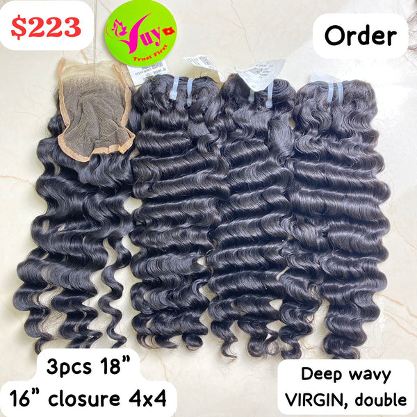 3pcs 18" + 16" Closure 4x4 Deep Wavy Virgin Double