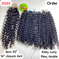 20" 3pcs + 16" Closure 4x4 Kinky Curly Raw Double