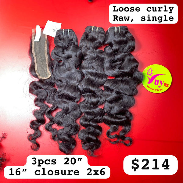 3pcs 20" and 16" Closure 2x6 Loose Curly, Single Drawn, Raw hair (R114)