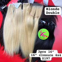3pcs 16" & 16" Closure 4x4 Blonde Straight, Double Drawn, Raw hair (R120)