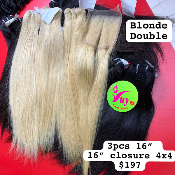3pcs 16" & 16" Closure 4x4 Blonde Straight, Double Drawn, Raw hair (R120)