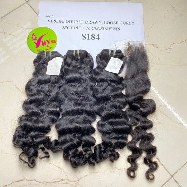 3pcs 18" + 16" Closure 2x6 Virgin Double Drawn Loose Curly