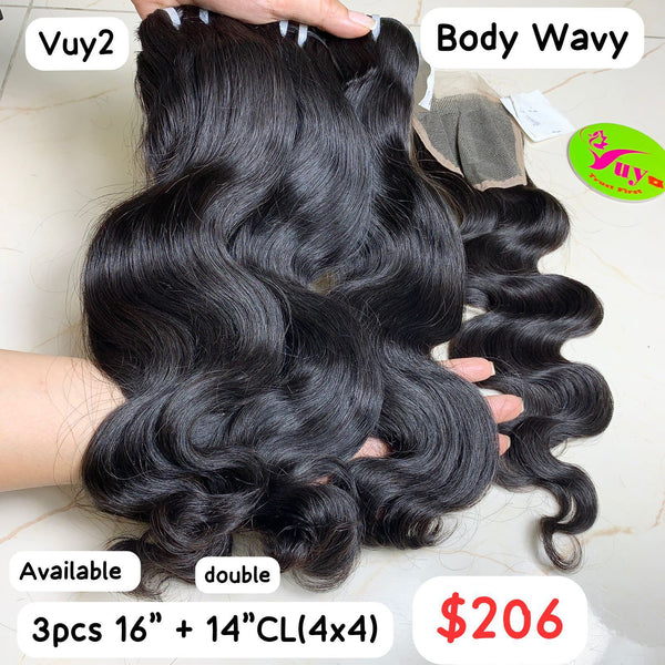 3pcs 16" + 14" Closure 4x4 Body Wavy