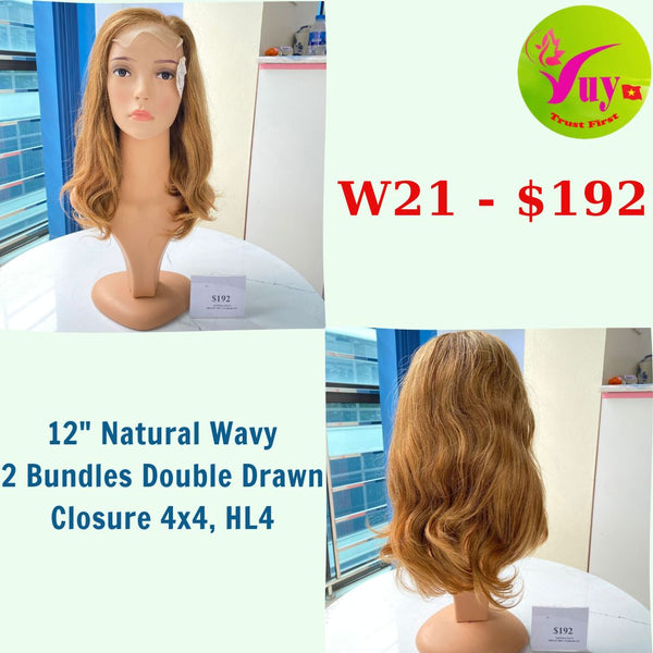 12" Wig Natural Wavy, Closure 4x4 Double Drawn, HL4, Raw hair (W21)