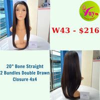 20" Wig Bone Straight, Closure 4x4, Double Drawn, Raw hair (W43)