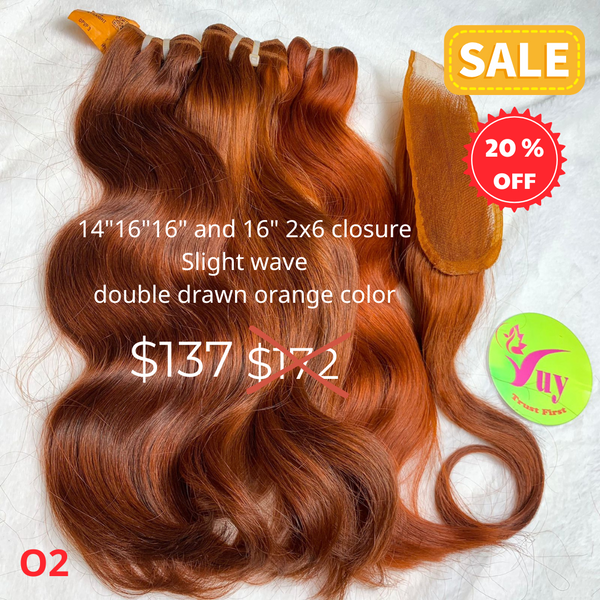14"16"16" and 16" 2x6 closure Slight wave double drawn orange color hair (O2)