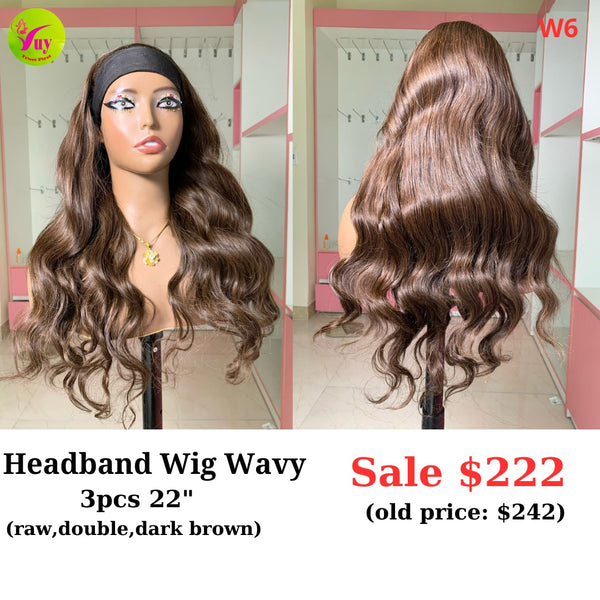 [EASTER SALE] 22" Headband wig Wavy dark brown (made from 3pcs 22" double drawn raw hair) (W6)