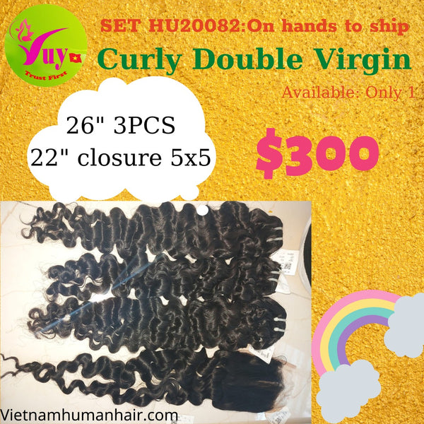 Vietnamese  hair style curly color natural double drawn hair:3 bundles 26" and 22" closure 5x5