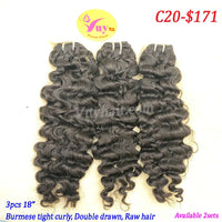3pcs 18" Burmese tight curly, double drawn, raw hair (C20)