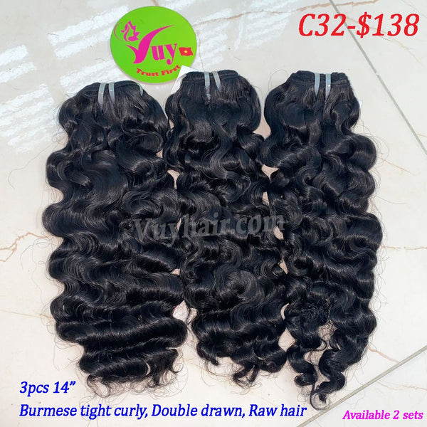 3pcs 14" Burmese tight curly, double drawn, raw hair (C32)