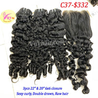 3pcs 22" & 20" 6x6 closure Sexy curly, double drawn, raw hair (C37)