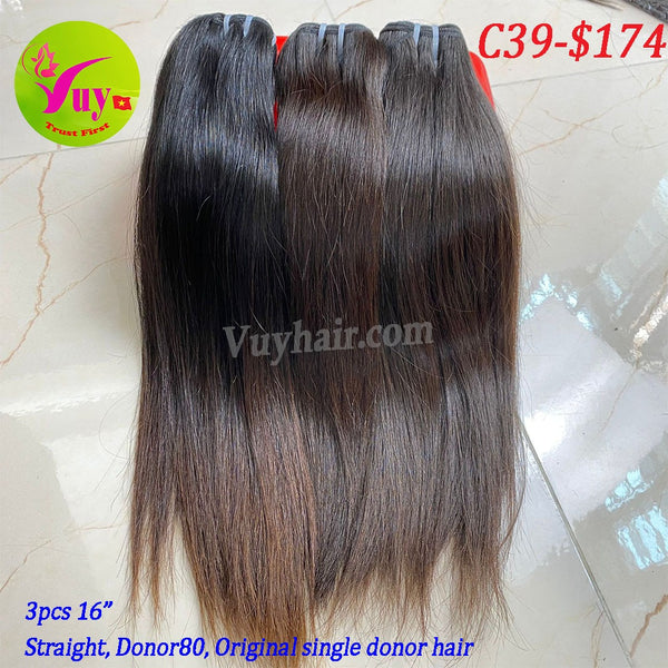 3pcs 16" Straight, donor 80, original single donor hair (C39)