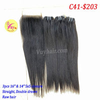 3pcs 16" & 14" 5x5 closure Straight, double drawn, raw hair (C41)