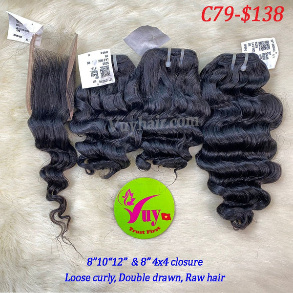 8", 10", 12" and 8" 4x4 Closure, Loose Curly, Double Drawn, Raw hair (C79)