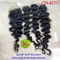 3pcs 30" and 24" 5x5 Closure, Ocean Wave, Double Drawn, Raw hair (C78)