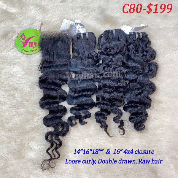 14",16", 18" and 16" 4x4 Closure, Loose Curly, Double Drawn, Raw hair (C80)