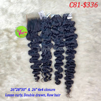 26", 28", 30" and 26" 4x4 Closure Loose Curly, Double Drawn, Raw hair (C81)