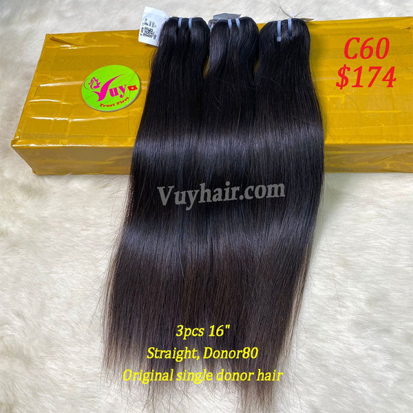 3pcs 16" Straight, Donor 80, Original Single Donor hair (C60)