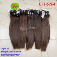 10pcs 12" Straight, Double drawn, Brown Color, Raw hair (C71)