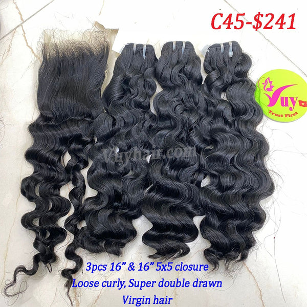 3pcs 16" and 16" 5x5 closure Loose Curly, Super Double Drawn, Virgin hair (C45)