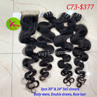3pcs 30" and 24" 5x5 Closure Body Wave, Double Drawn, Raw hair (C73)