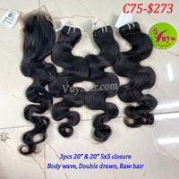 3pcs 20" and 20" 5x5 Closure Body Wave, Double Drawn, Raw hair (C75)