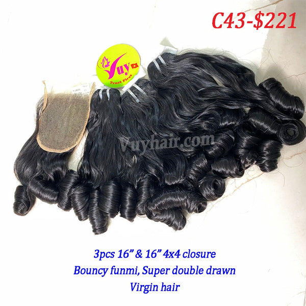 3pcs 16" and 16" 4x4 closure Bouncy funmi, Super double drawn Virgin hair (C43)