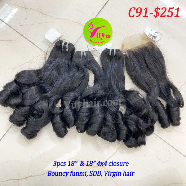 3pcs 18" and 1pc 18" 4x4 Closure Bouncy Funmi, SDD, Virgin hair (C91)