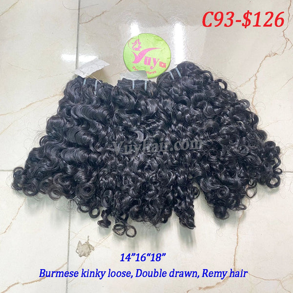1pc 14", 1pc 16" and 1pc 18" Burmese Kinky Loose, Double Drawn, Remy hair (C93)
