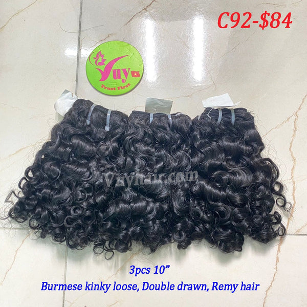 3pcs 10" Burmese kinky Loose, double Drawn, Remy hair (C92)